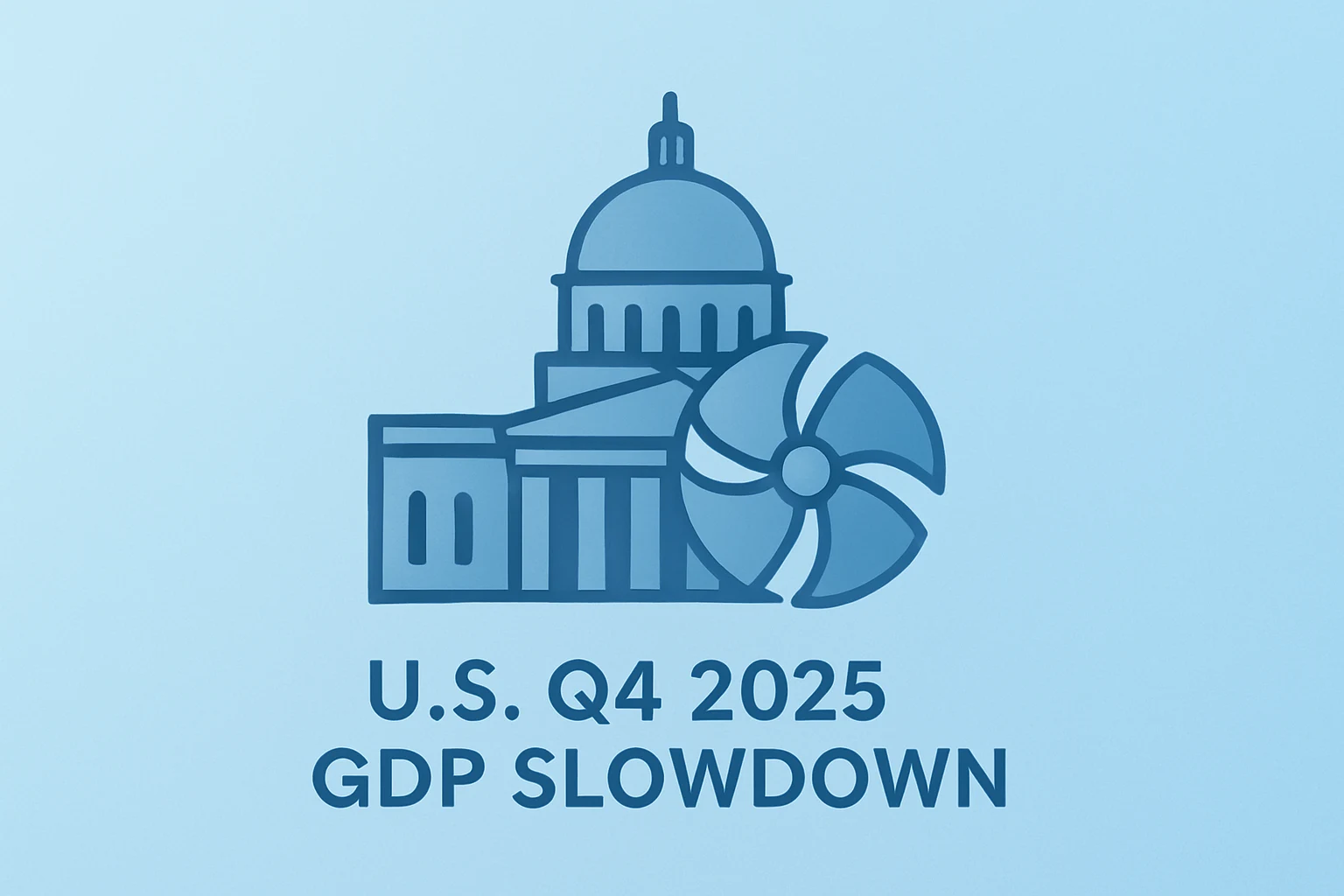 Flat vector of a dimmed federal building and slowing turbine symbolizing U.S. Q4 2025 GDP slowdown after the shutdown.