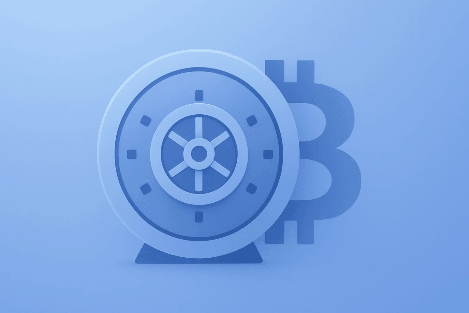 Flat filled vector of a vault fused with a dimming bitcoin block to symbolize MSTR earnings and active bitcoin policy.