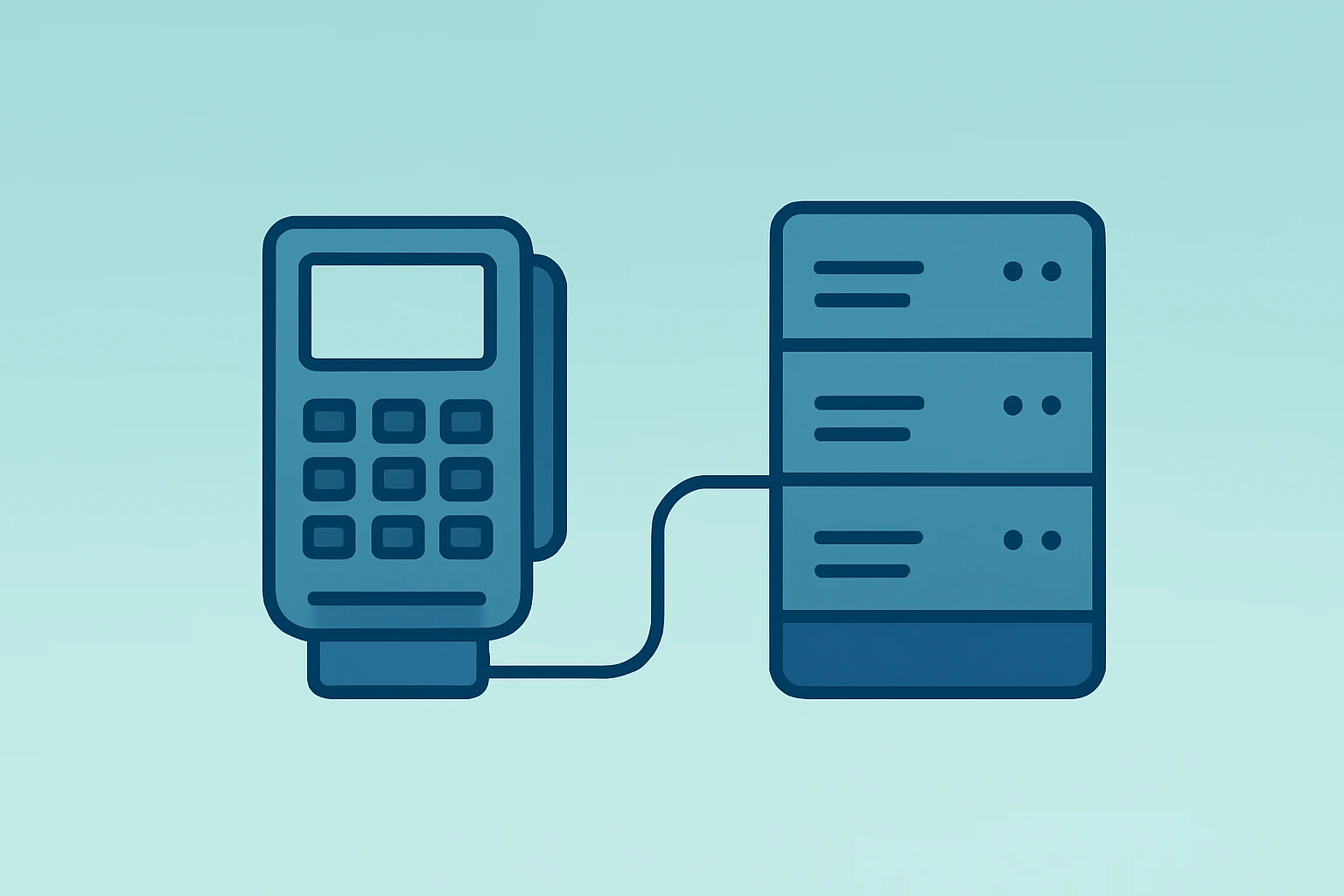 Flat-vector cover of a corporate card terminal linked to a server core, representing Capital One Acquires Brex.