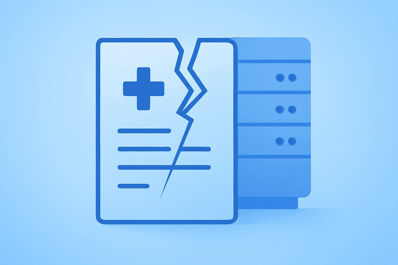 Flat vector of a fractured trial dossier beside a research server, symbolizing Capricor Therapeutics class action.