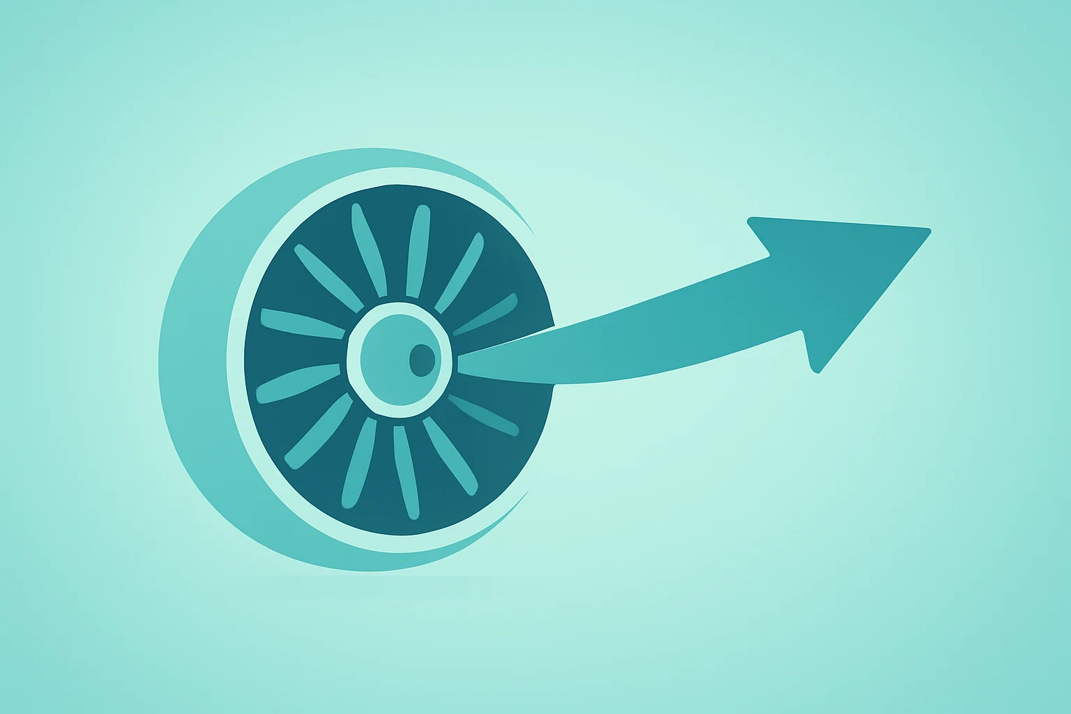 Flat vector of an aerospace turbine compressed into a streamlined core to signal Honeywell Q4 earnings beat and spinoff.