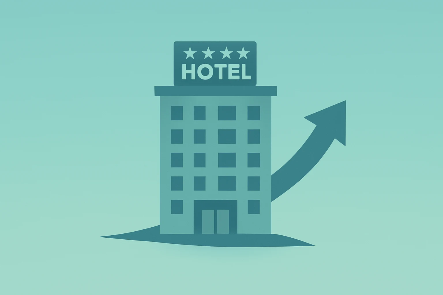 Flat filled vector hotel silhouette with subtle globe lift to signal international demand and Marriott Q4 Revenue theme
