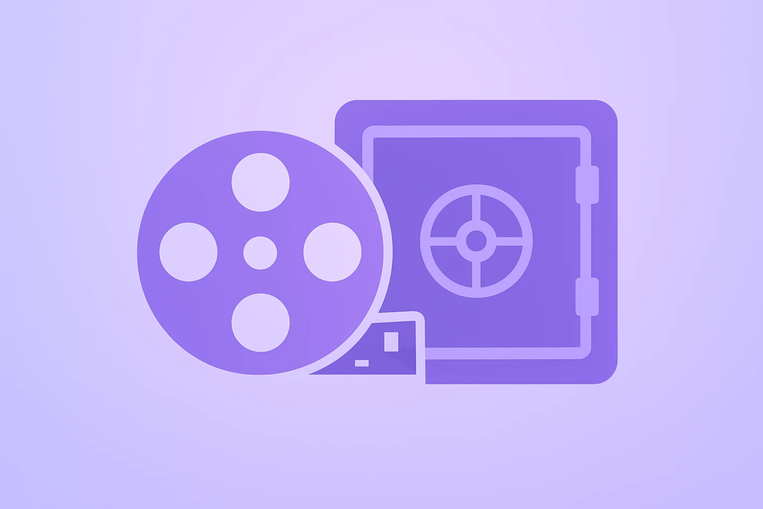 Flat filled vector of a studio vault merging with a filmstrip, evoking the Paramount Skydance hostile bid and takeover risk.