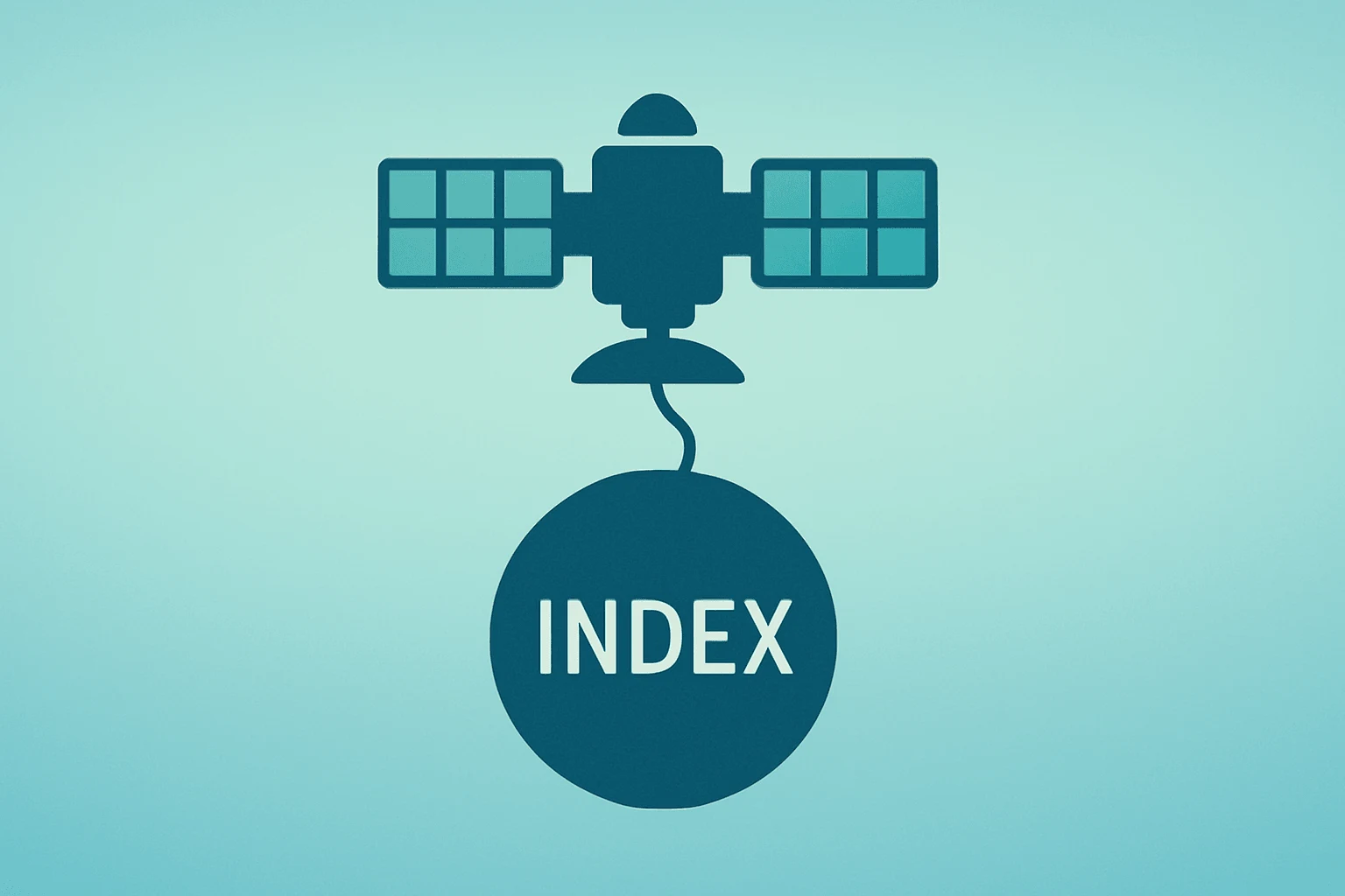 Flat vector of a satellite tethered to an index band symbolizing SpaceX stock Nasdaq-100 inclusion and index-driven demand