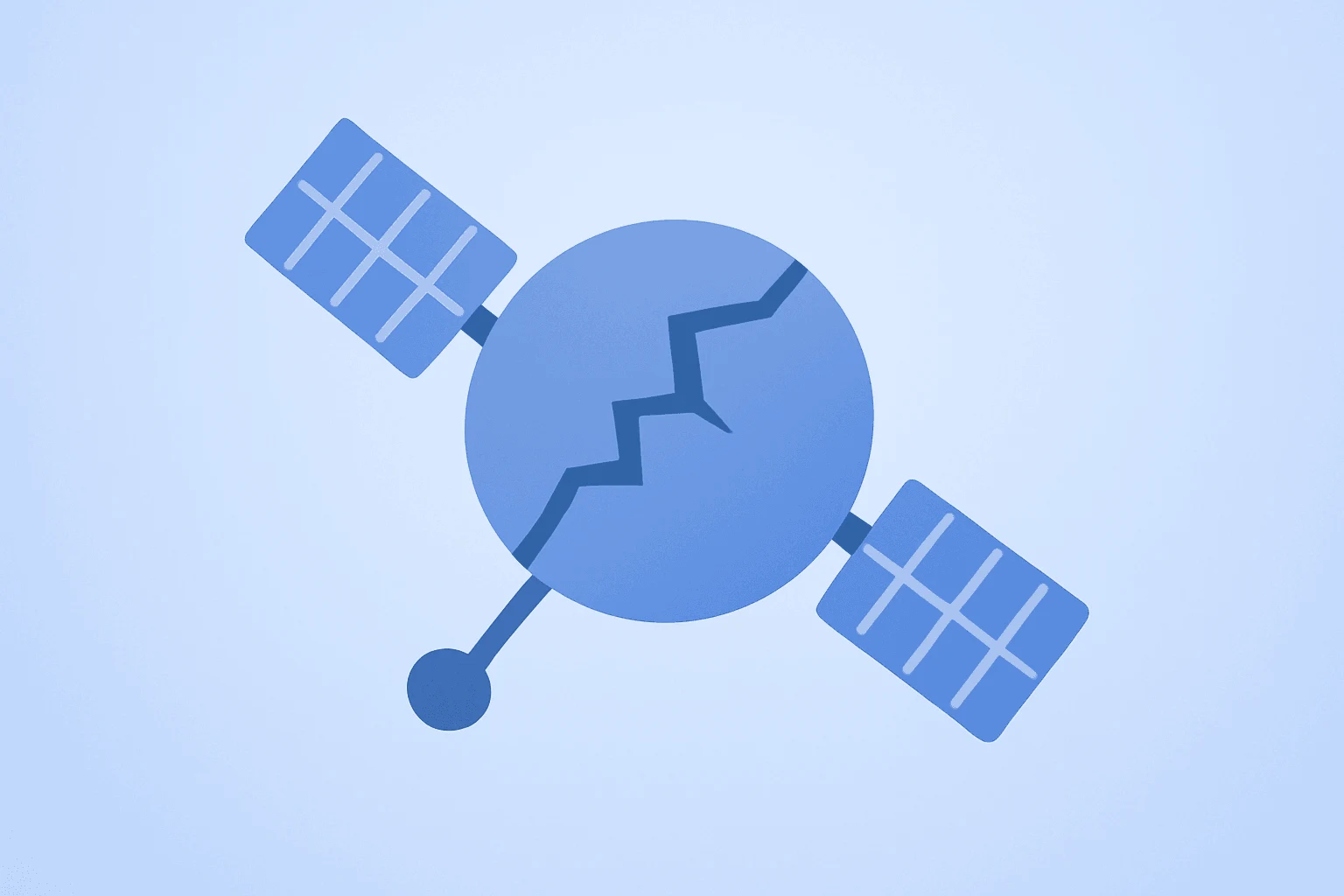 Flat centered vector of a satellite with fractured shell symbolizing SPCX stock retreat to $135 IPO, light gradient backdrop