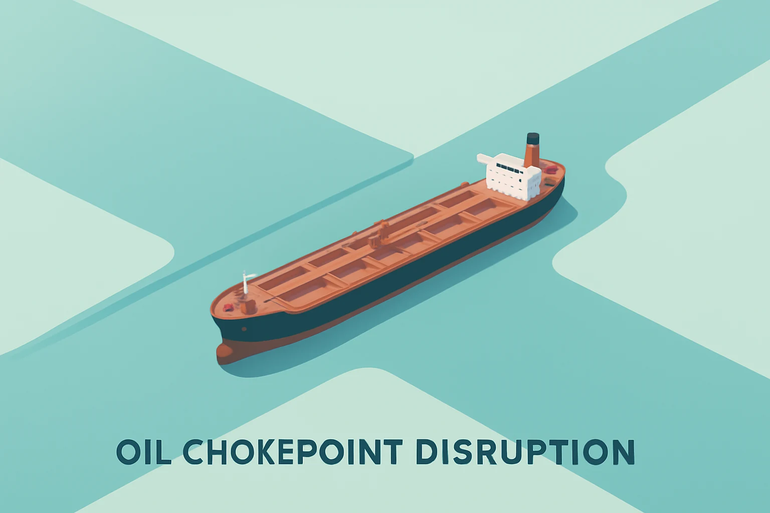Flat-vector oil tanker blocked in a narrow channel, symbolizing the Strait of Hormuz oil disruption and rising tanker costs.