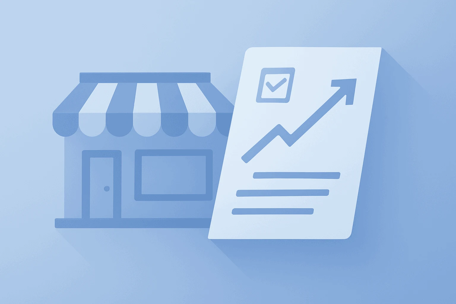 Flat filled vector of a retail storefront beside a folded plan, showing GameStop Withdraws CEO Pay Award and eBay focus.