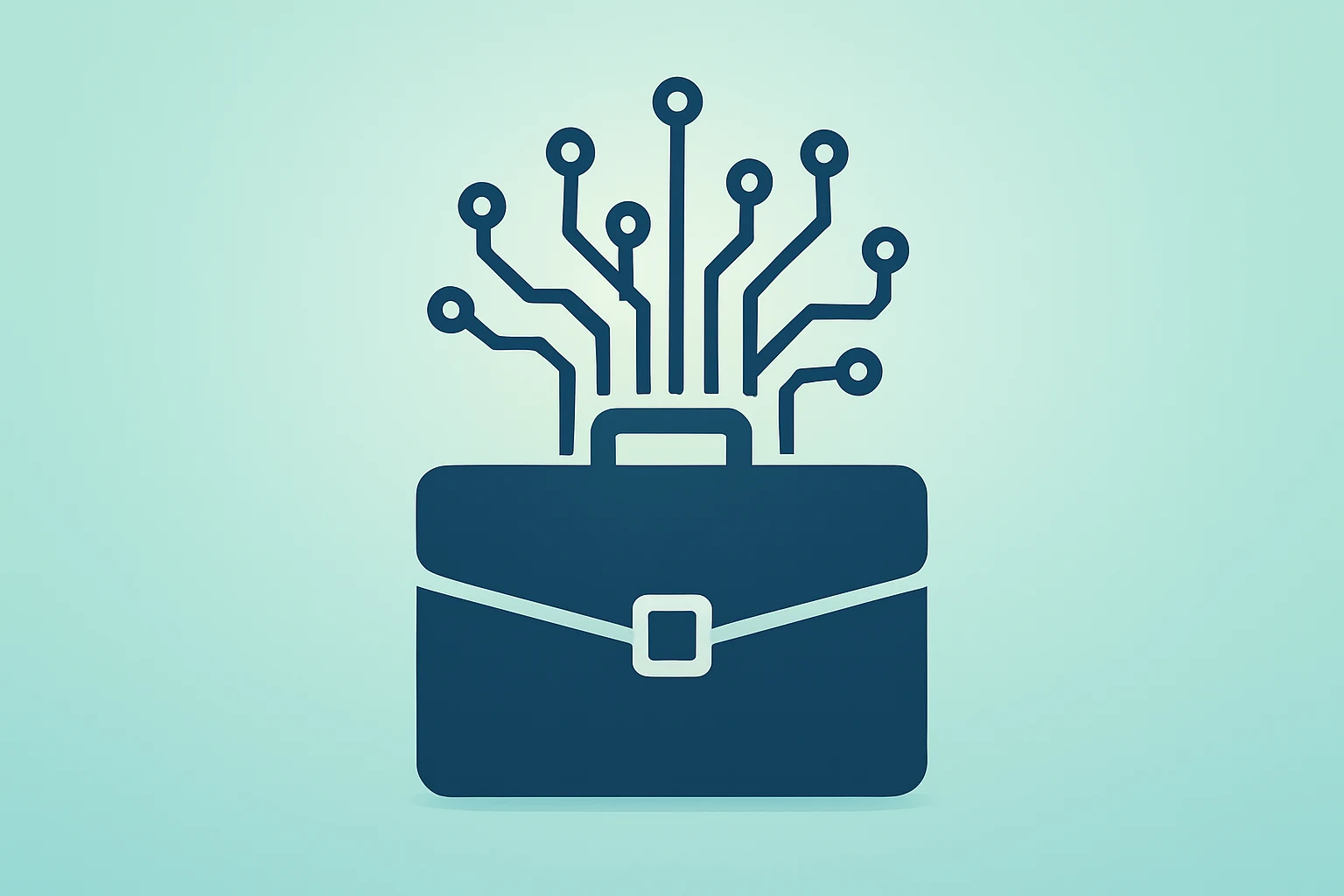 Flat vector briefcase with expanding circuit mesh symbolizing Accenture earnings, AI-driven bookings and cautious outlook.