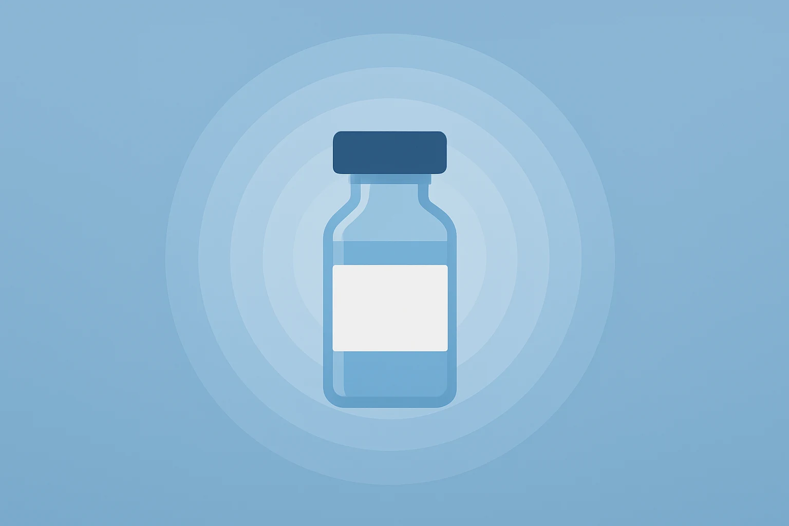 Flat vector of a vial with expanding rings and subtle shadow lift, symbolizing ImmunityBio EU Approval.