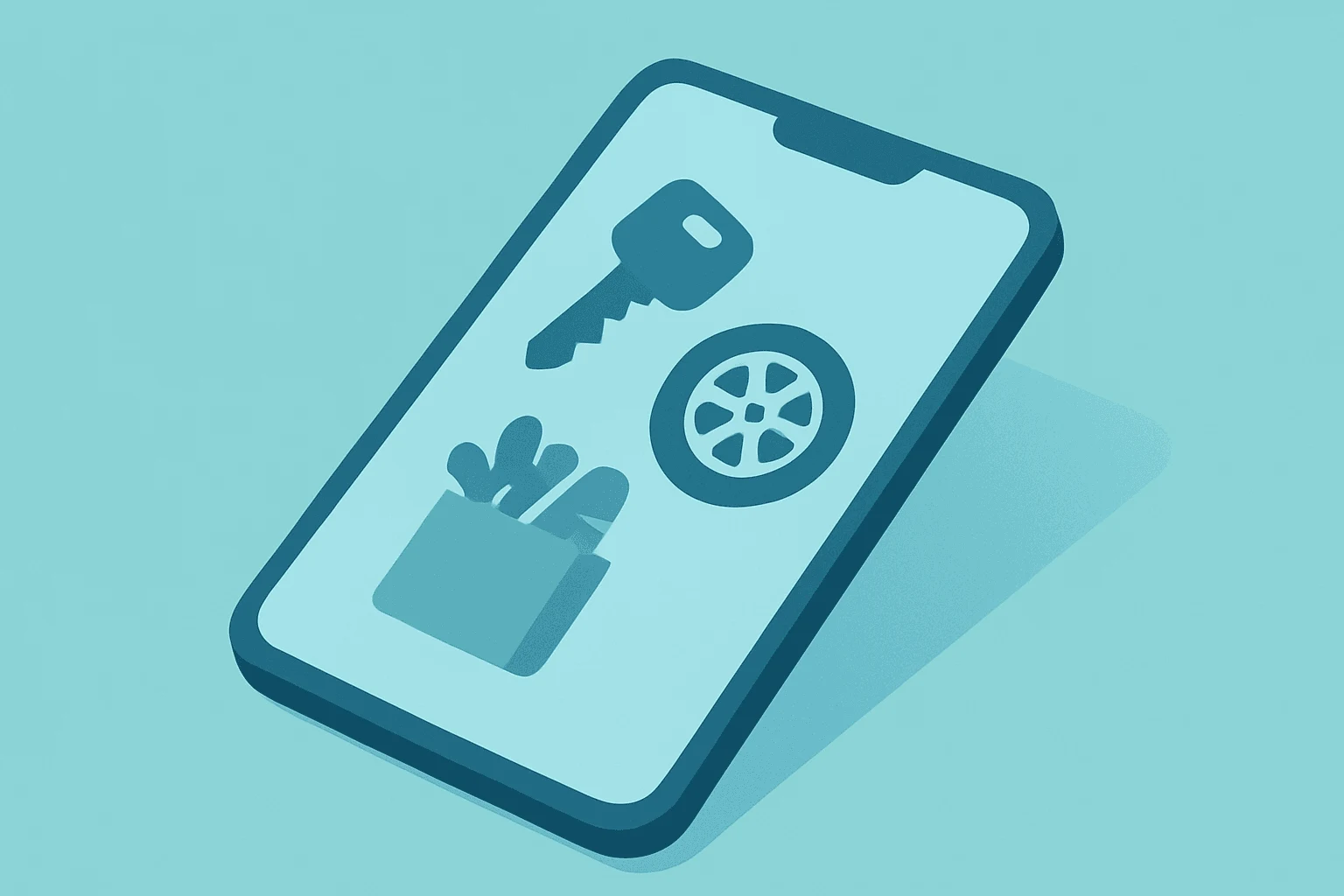 Flat vector icon of a smartphone with hotel key, car wheel and grocery bag representing Airbnb expansion.