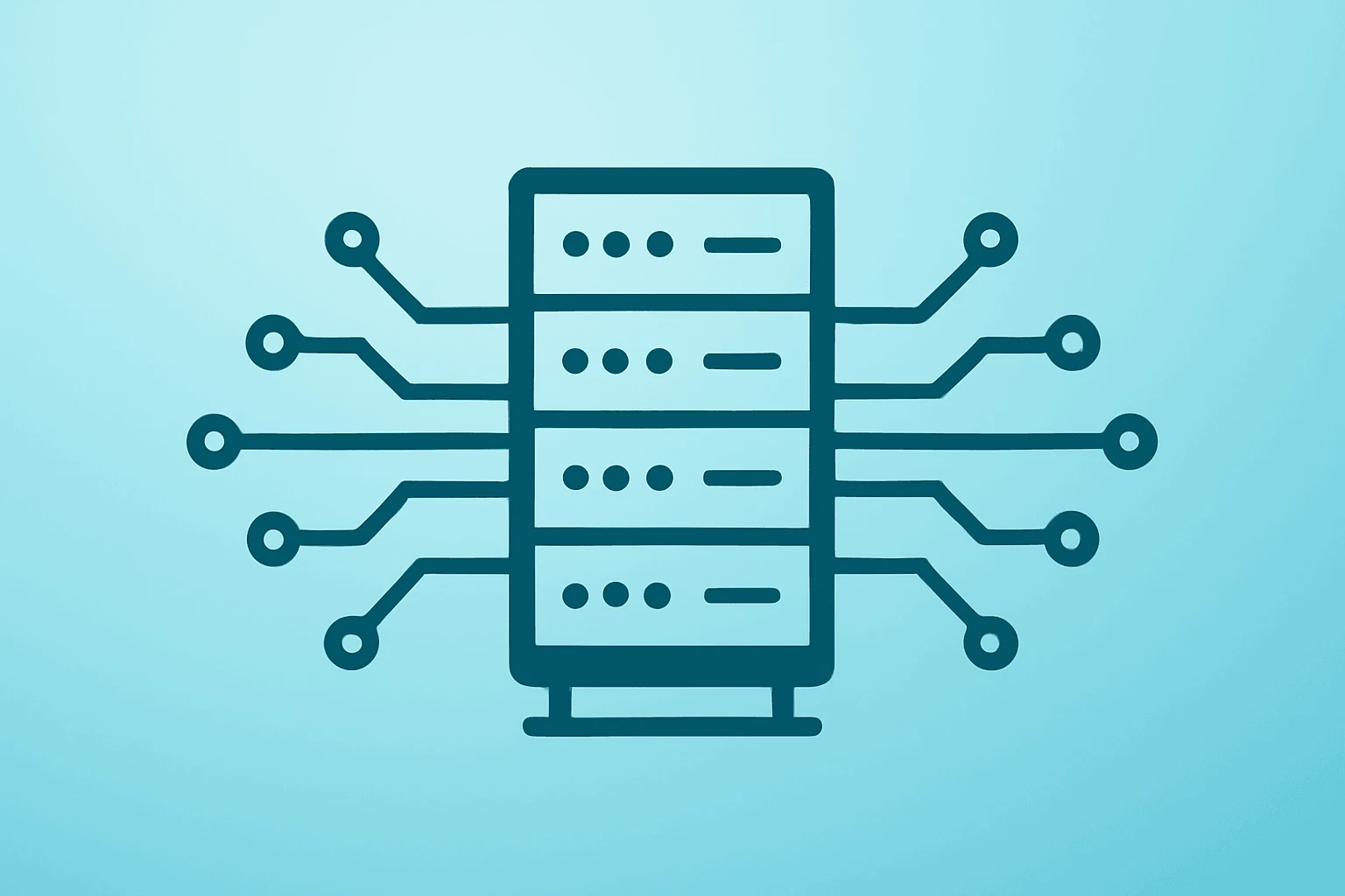 Flat centered vector of a server rack expanding a circuit lattice to symbolize Google Gemini AI enterprise integration.