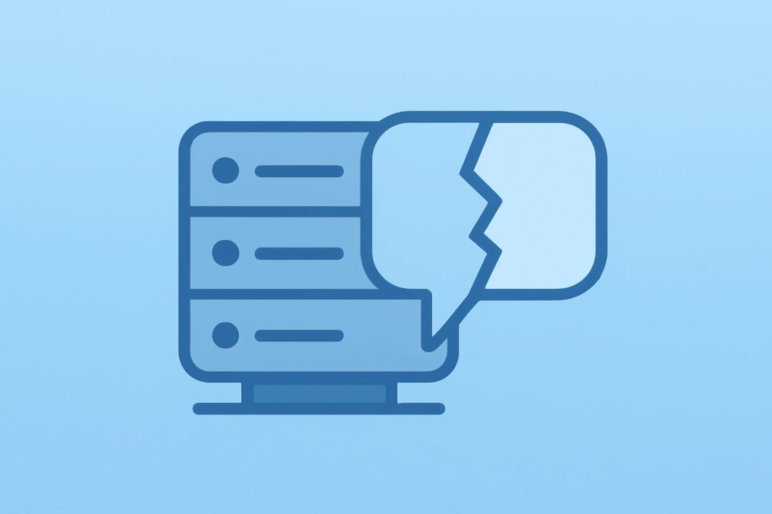Flat vector of a server fused with a fractured chat bubble symbolizing Google Character.AI settlement legal risk to minors.