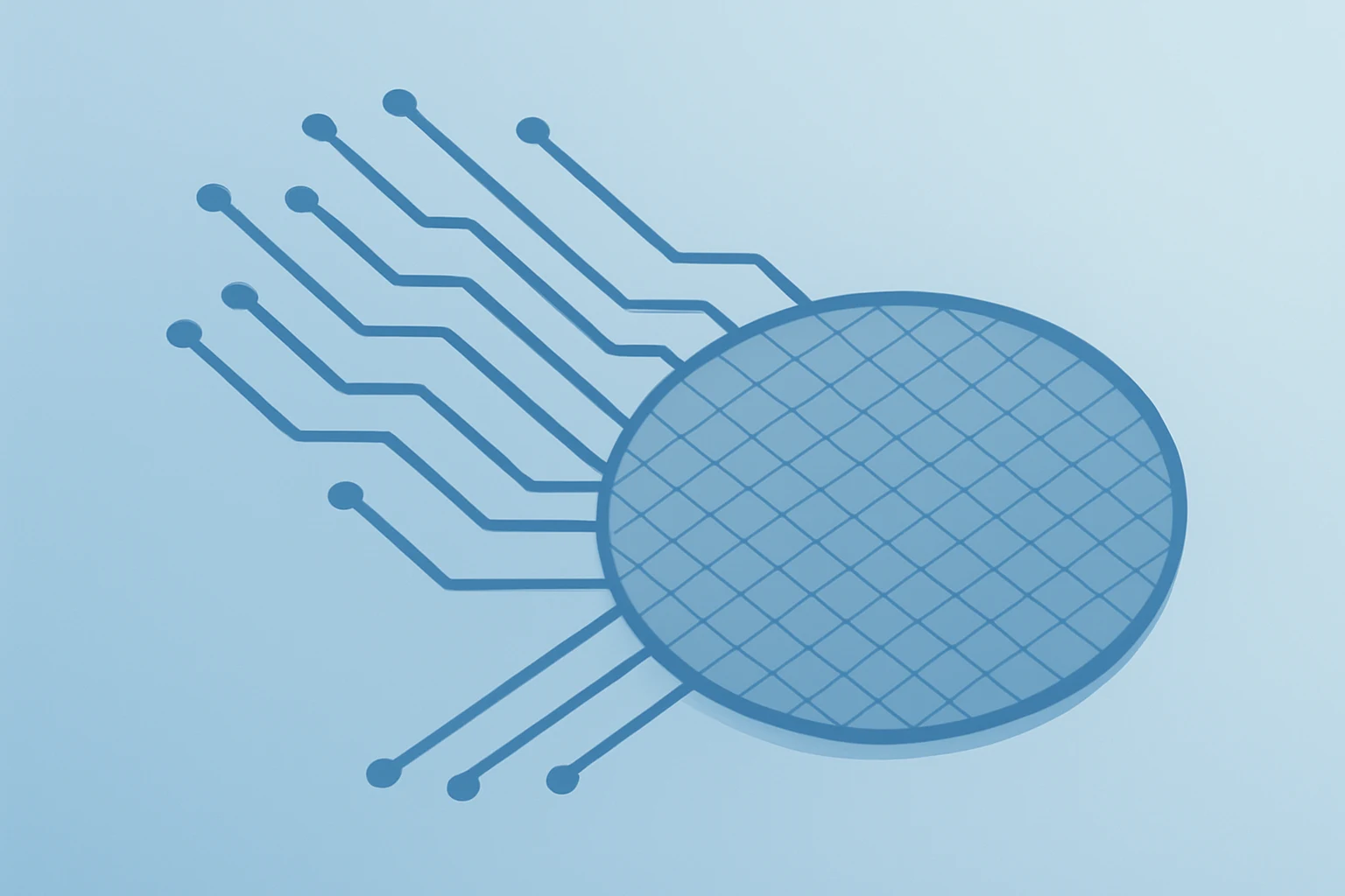 Diagonal flat-vector semiconductor wafer suggesting AI stocks rally and revived memory demand on a smooth amber-sand gradient.