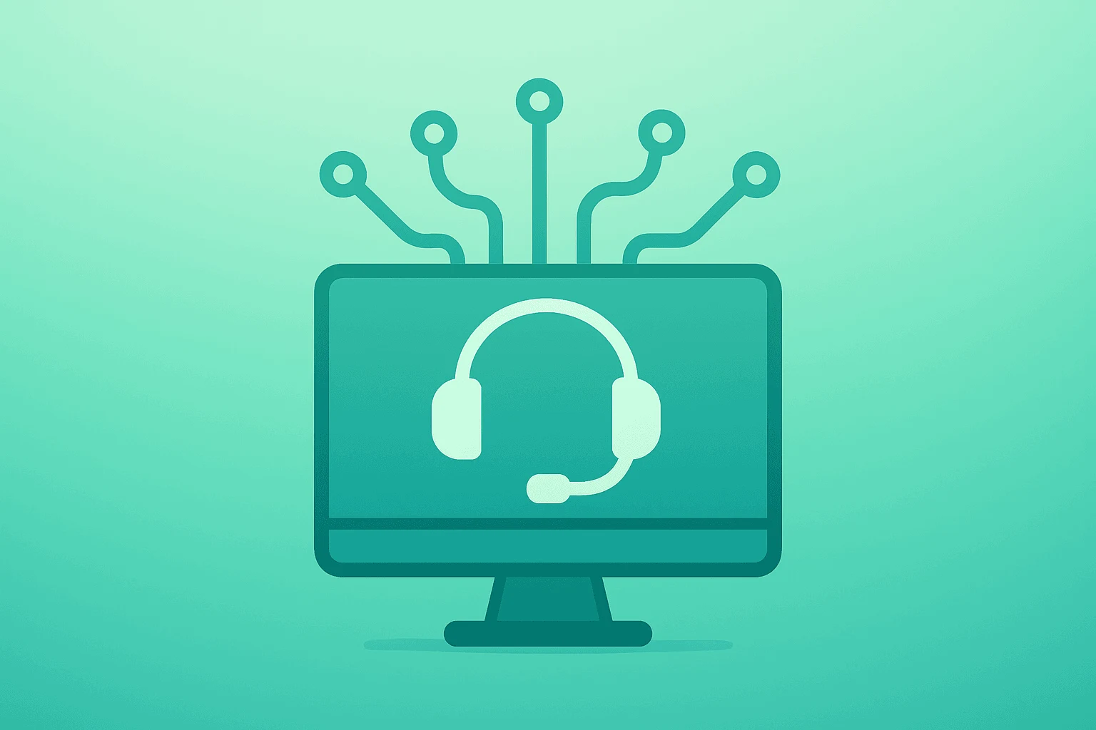Flat vector helpdesk console with expanding agent circuits on an emerald-pearl gradient for Salesforce to Acquire Fin