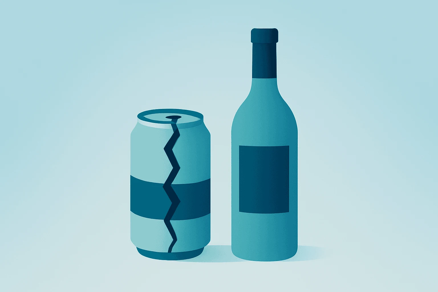 Flat vector of a fractured beer can and wine bottle to symbolize Constellation Brands earnings beat and withdrawn guidance.