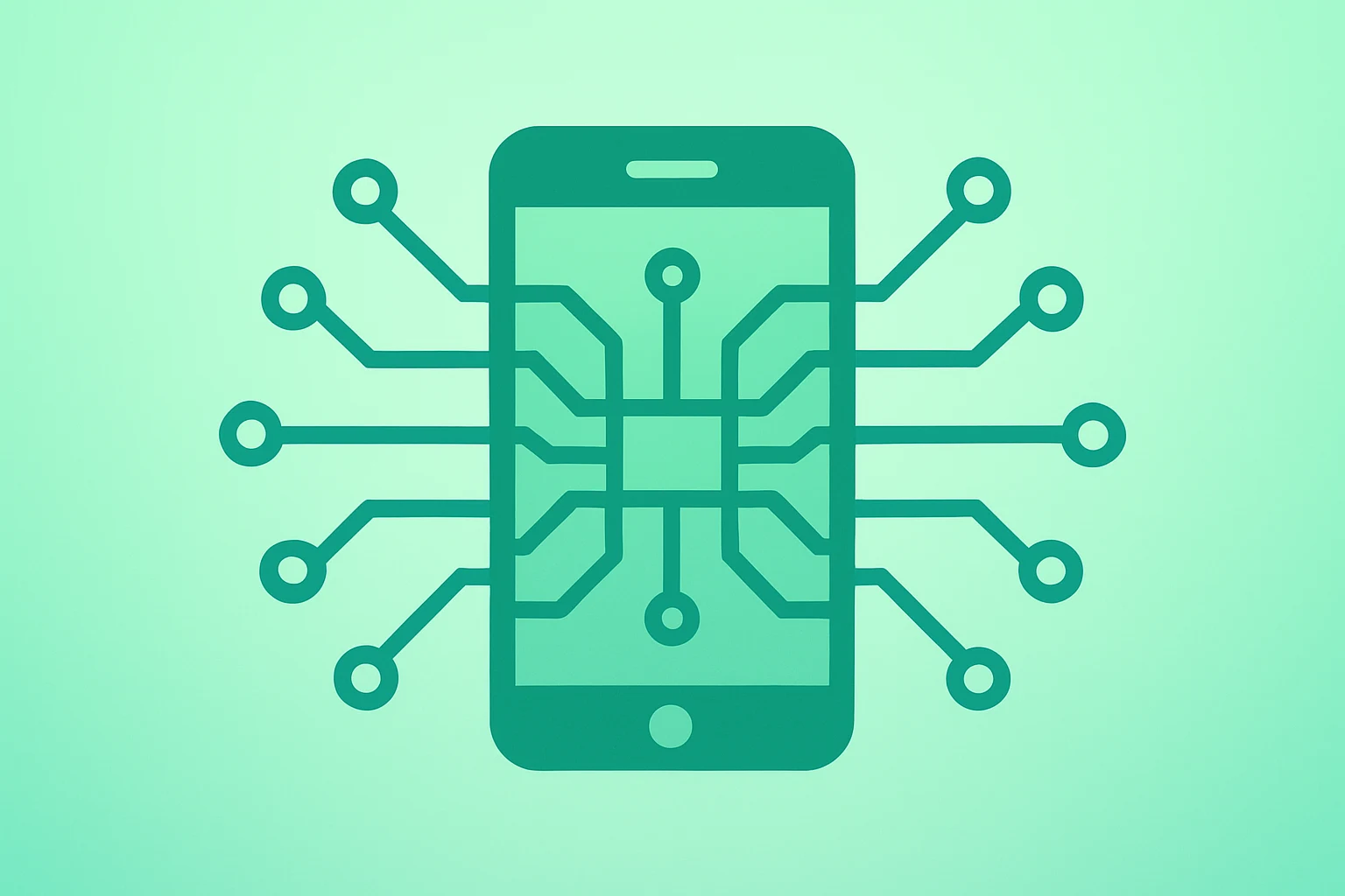 Flat vector smartphone core radiating circuit symbolizes distribution boosting Alphabet market cap, hitting $4 trillion.
