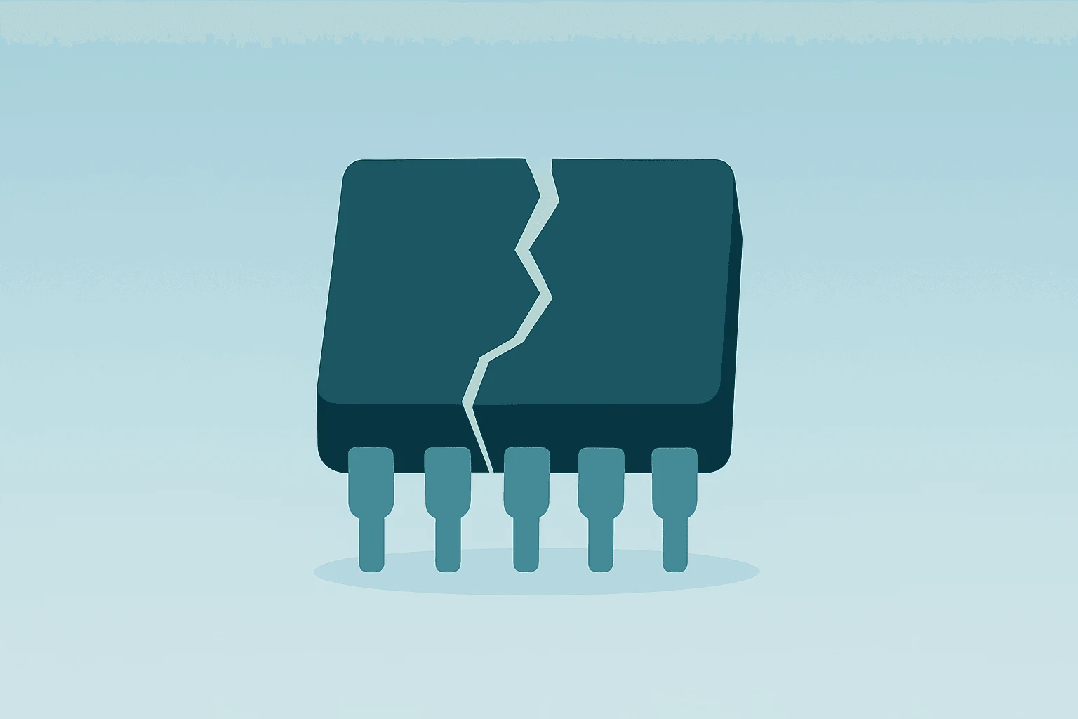 Flat-vector memory chip with a fractured shell and a folded contract, symbolizing Micron stock pullback and AI memory demand.