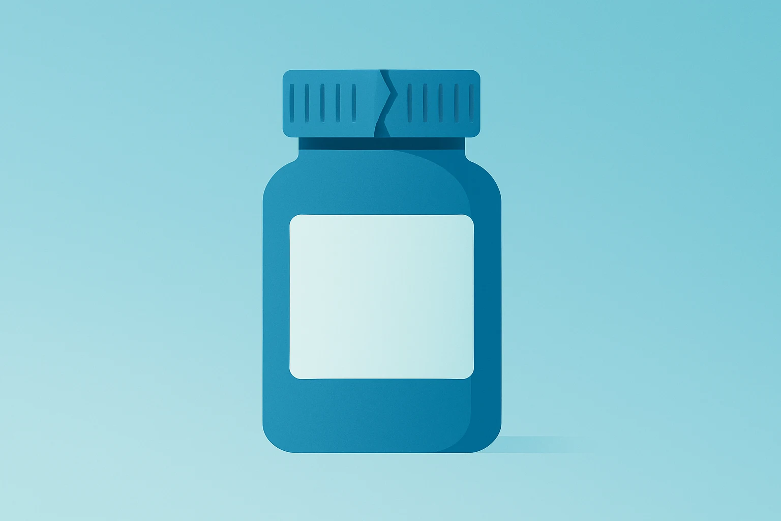 Flat vector pill bottle with cracked seal evoking Hims Halts Semaglutide Pill against a smooth violet-mist gradient.