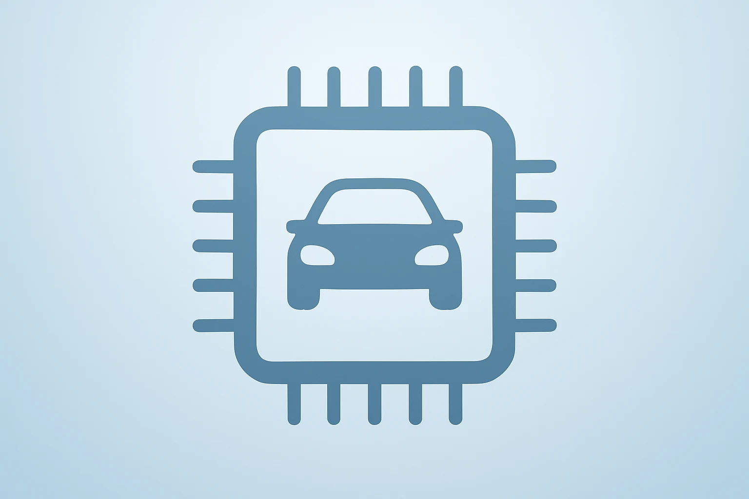 Centered flat vector of a semiconductor chip fused with a car module to reflect NXP earnings focus on automotive AI.