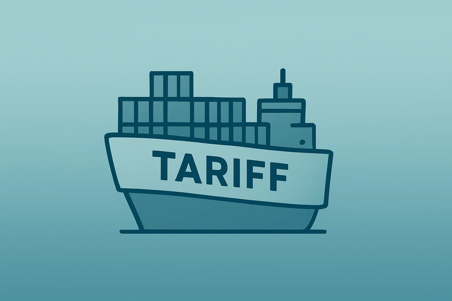 Centered flat-vector container ship wrapped by a sealed tariff band symbolizing Trump tariffs and the legal reset