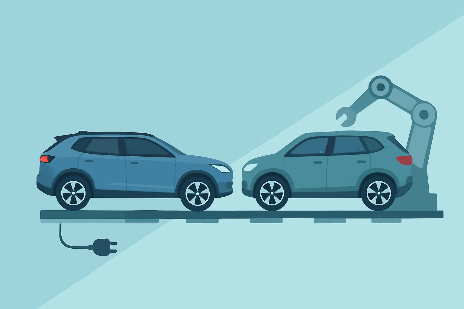 Flat vector compact SUV and factory module symbolizing Volkswagen halts ID.4 production and plant shift