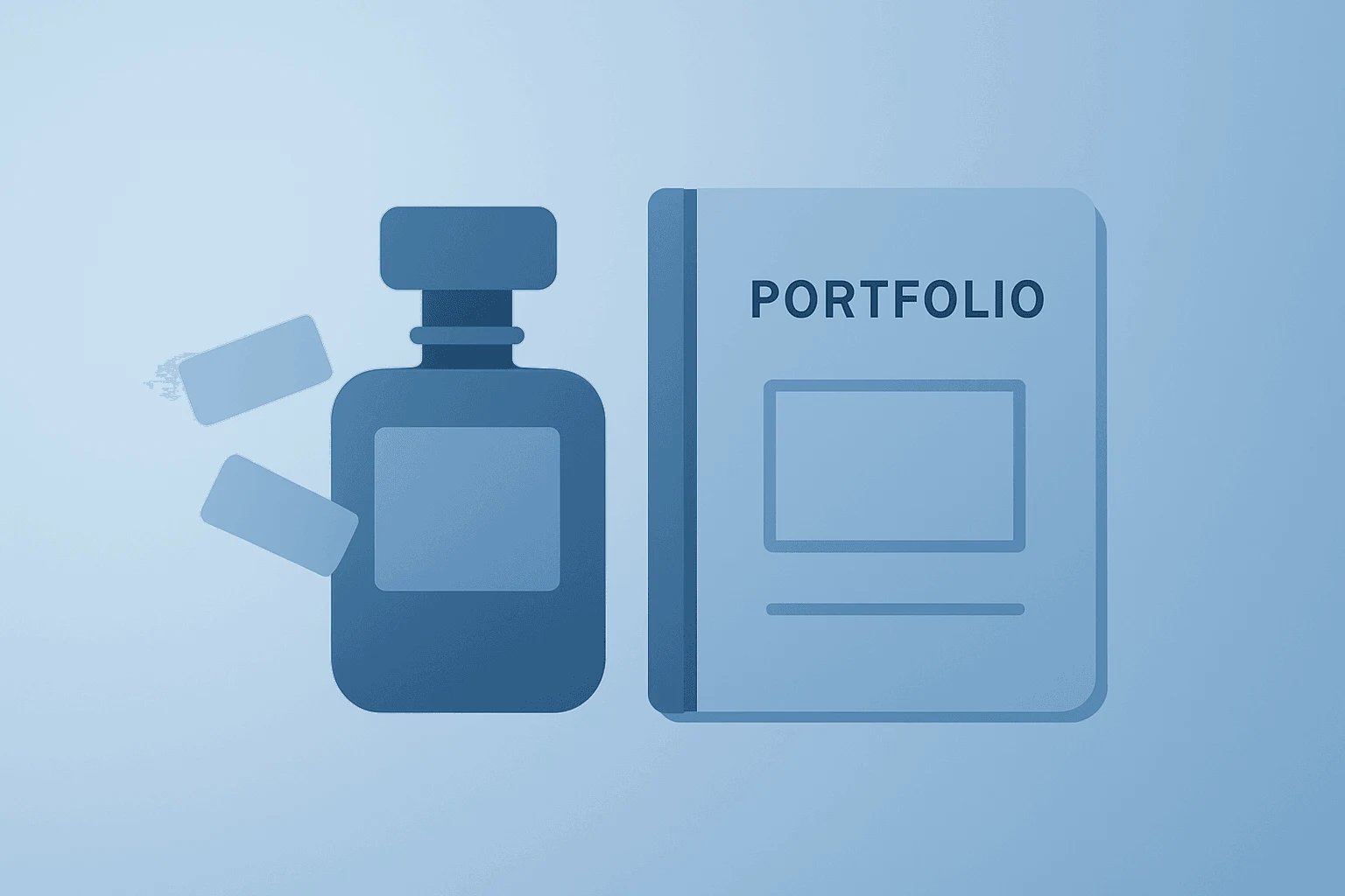 Flat vector of a perfume bottle shedding labels beside a portfolio ledger to symbolize Coty Q4 Results and FY27 transition.