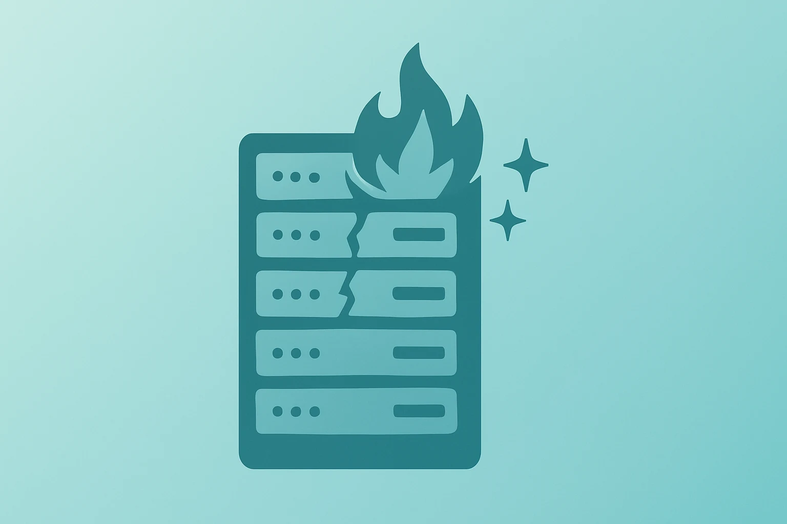 Flat vector of a damaged server rack symbolizing Amazon AWS Outage UAE Bahrain with sparks, muted gradient and subtle shadow.
