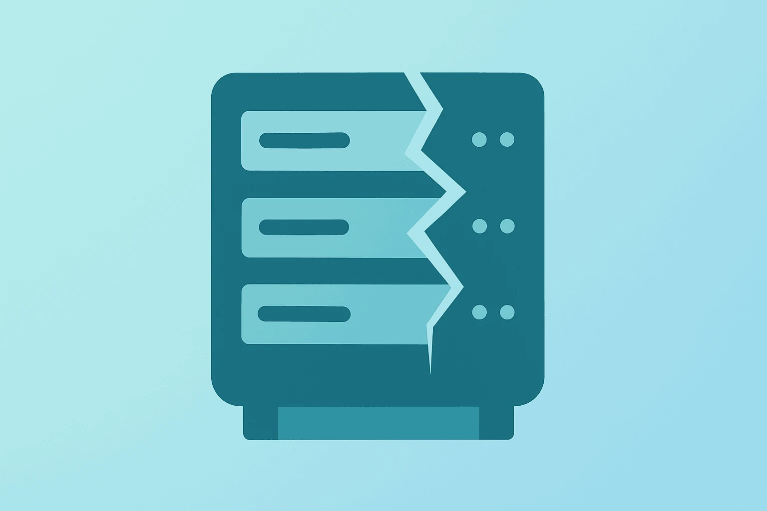Flat vector of a centered server rack with a fractured shell symbolizing IBM stock plunges and weak enterprise tech demand.