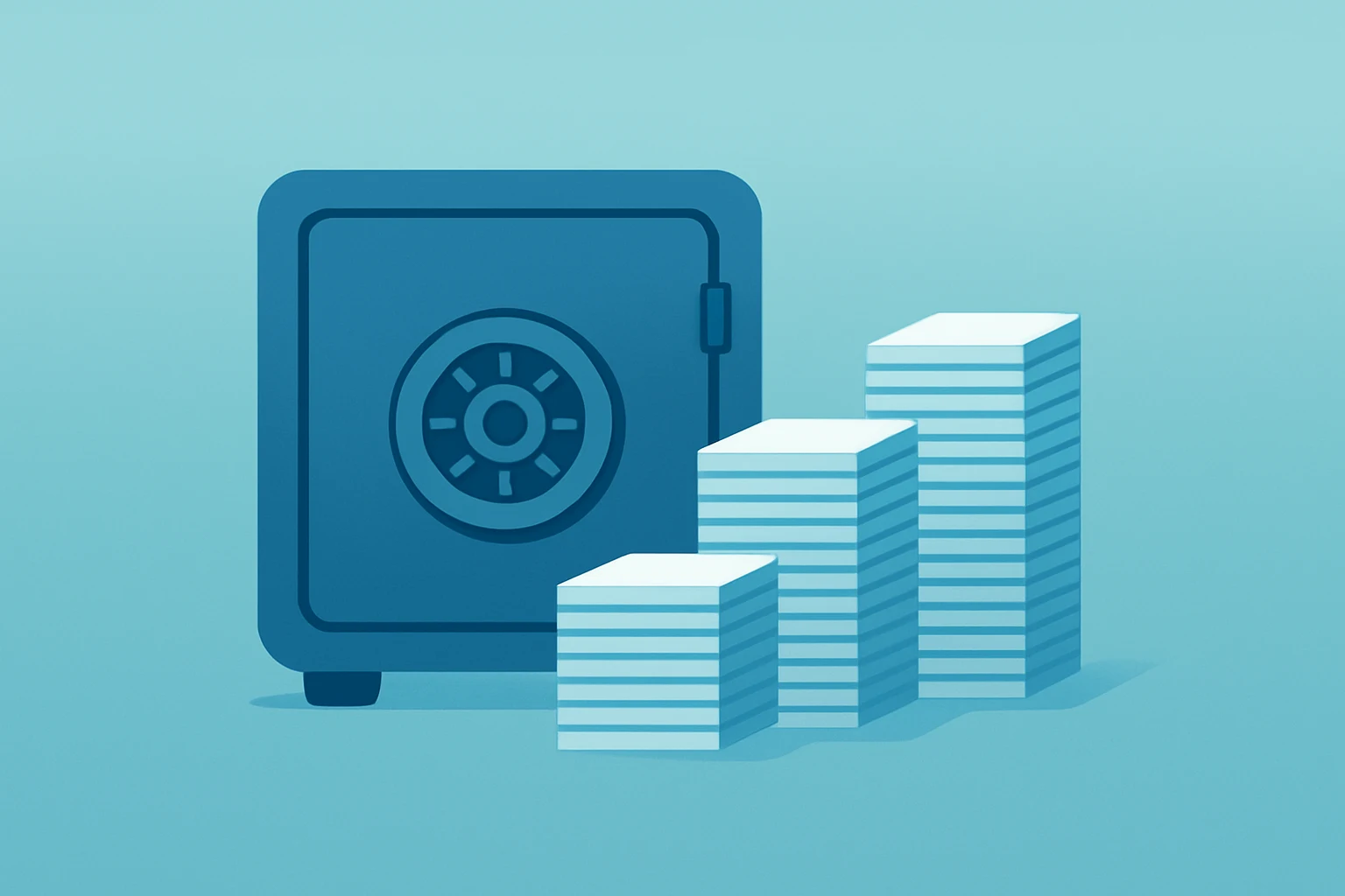 Flat filled vector of a stacked insurer vault symbolizing Zurich to buy Beazley and expanded specialty insurance scale.