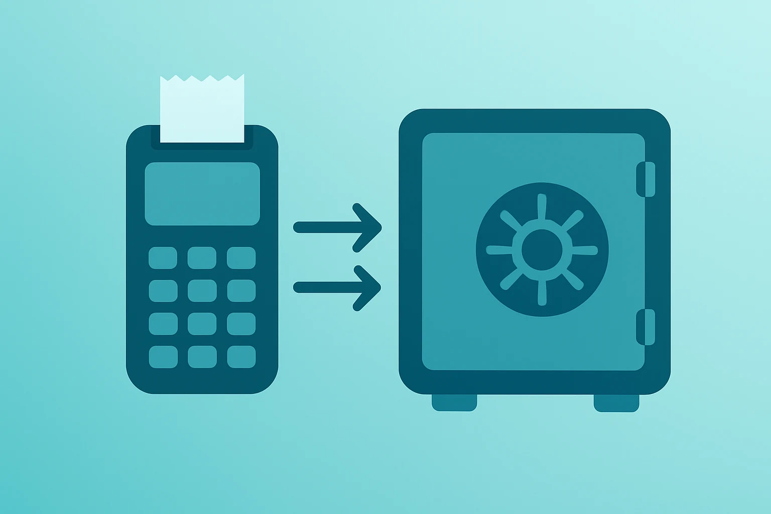 Flat filled vector of a payment terminal merging with an expanding vault to symbolize Visa Q1 earnings and payments growth.
