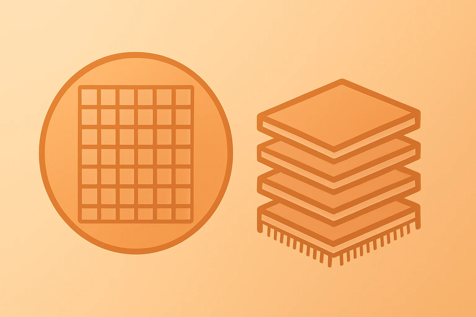 Flat vector of a semiconductor wafer and stacked memory modules symbolizing HBM supply tightness and Micron earnings momentum.