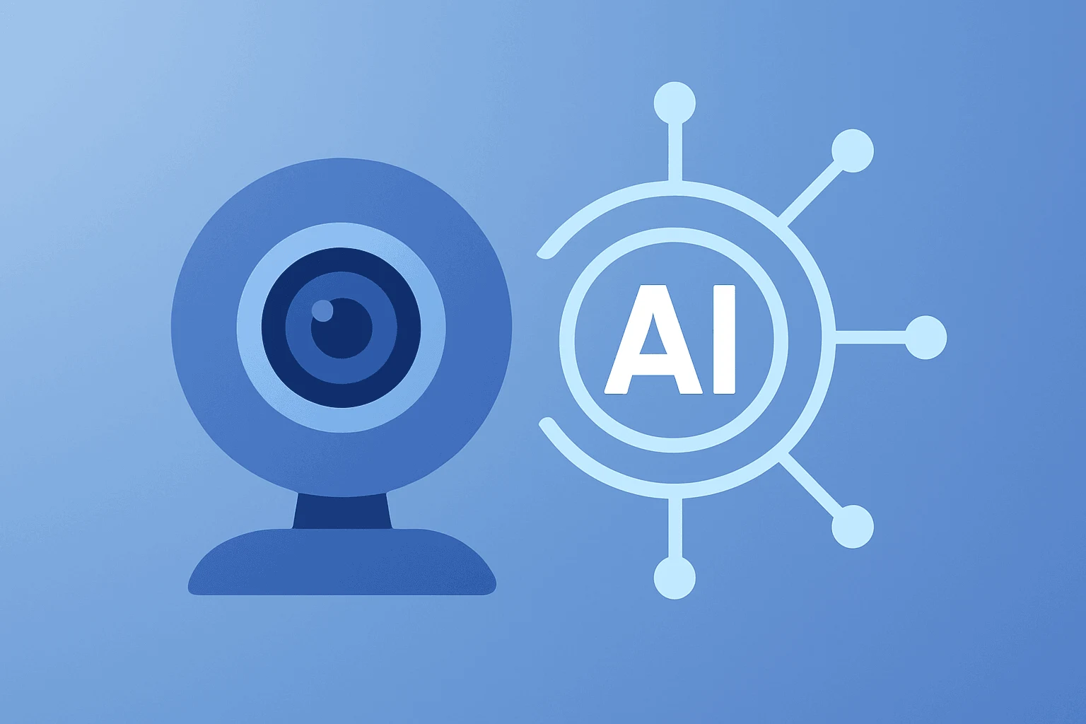 Flat vector of a webcam lens blooming into an AI core to symbolize Zoom Q1 earnings, AI-driven growth and buybacks.
