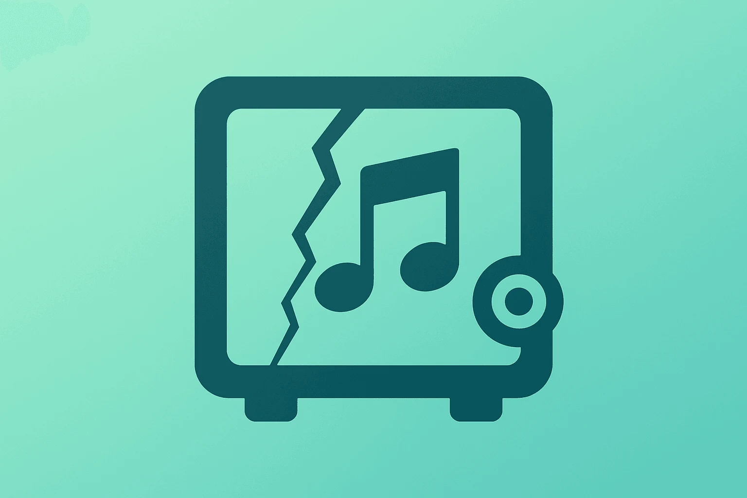 Flat filled vector of a stylized music vault with a repaired seam symbolizing Ackman sells Universal Music stake and buyback