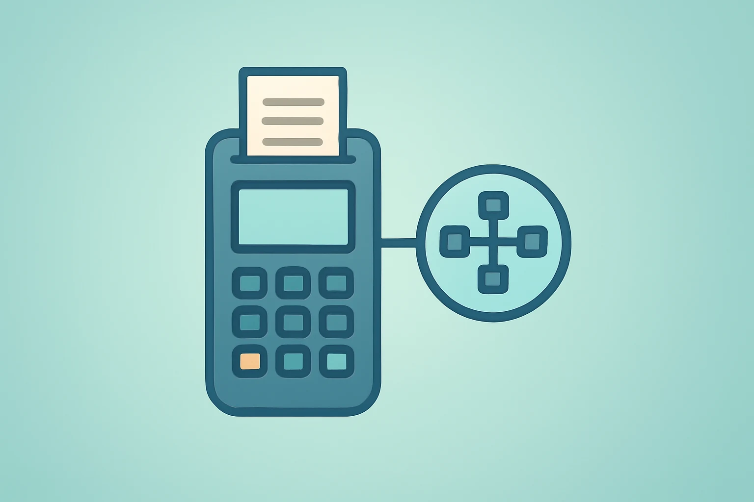 Flat vector of a server merging into a token core symbolizing Mastercard Acquires BVNK and fiat-to-blockchain integration.