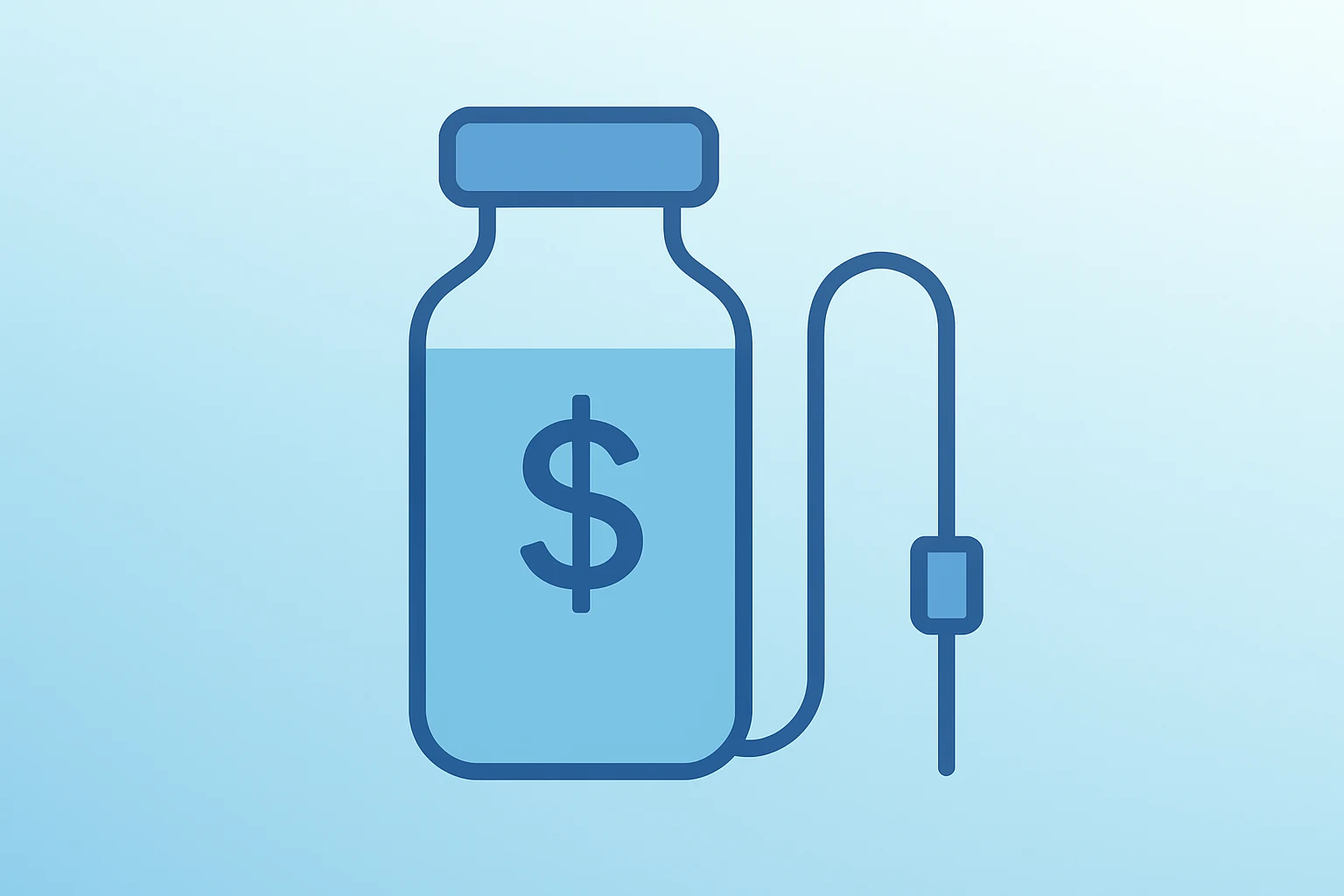 Flat vector of a clinical vial receiving a stylized funding infusion to represent Astellas Vir partnership and shared rights.