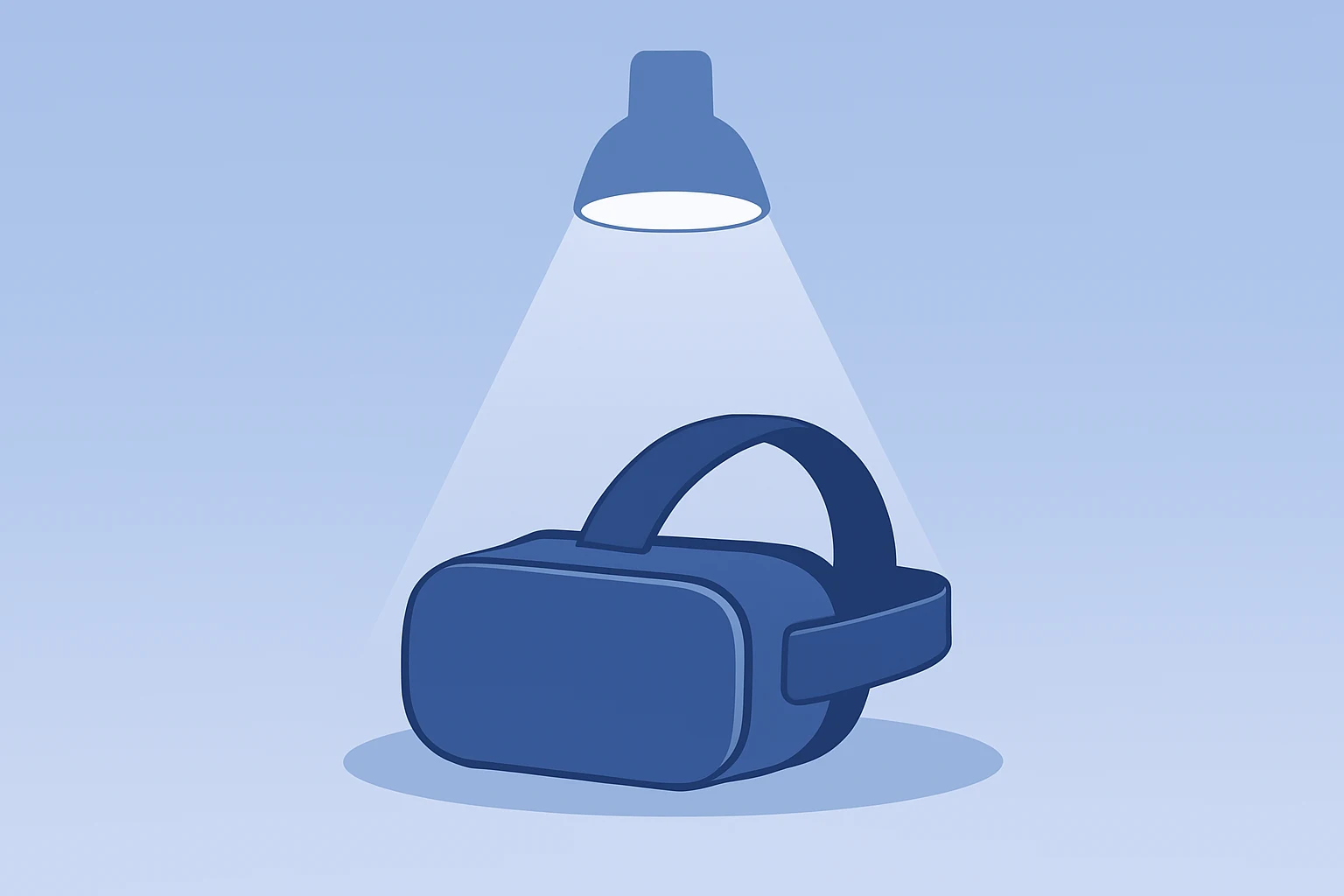 Flat vector of a VR headset dimming under a chip spotlight symbolizing Meta metaverse budget cuts and AI reallocation.