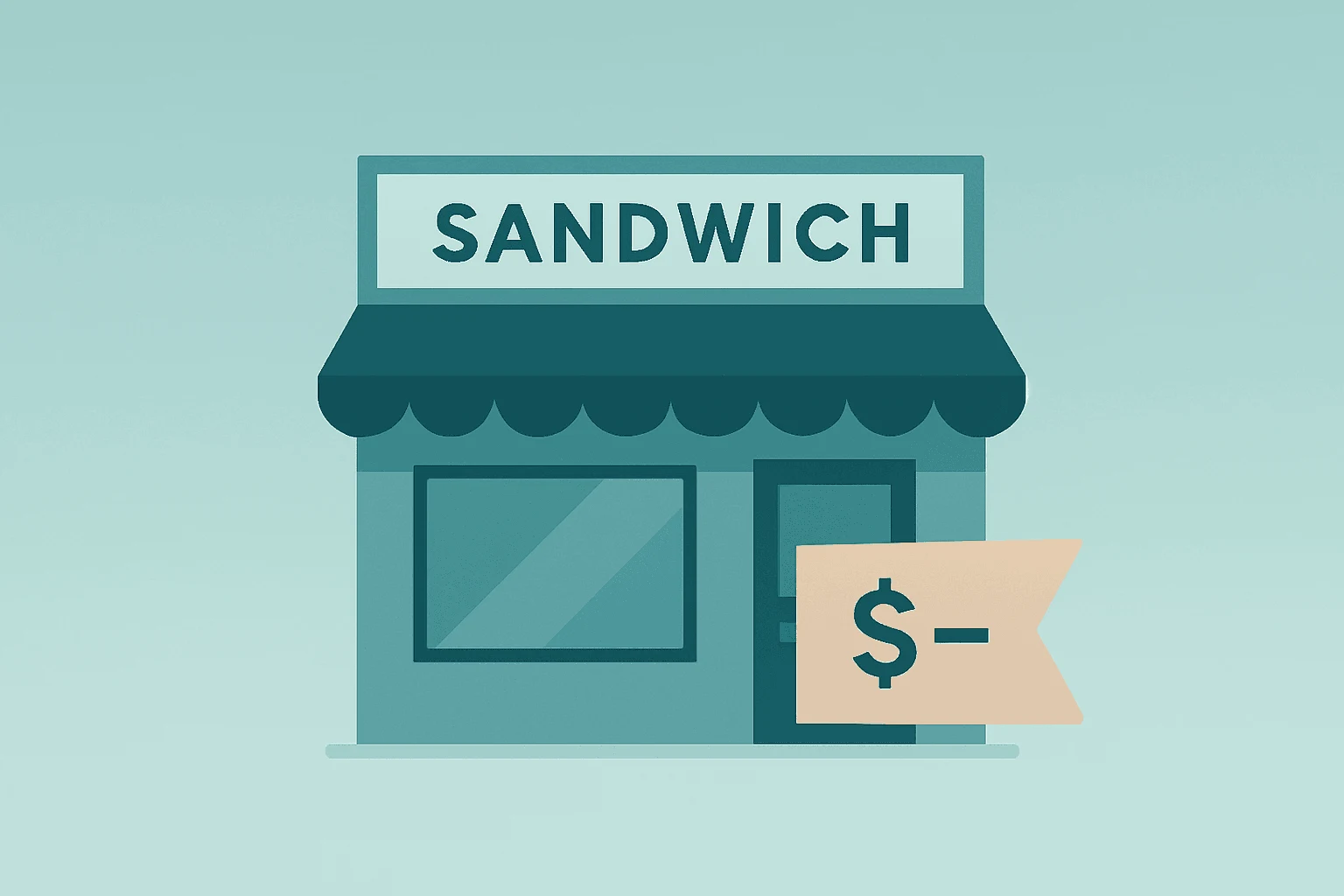 Flat vector of a sandwich storefront with a muted price tag to illustrate Jersey Mike's IPO demand-aftermarket gap.