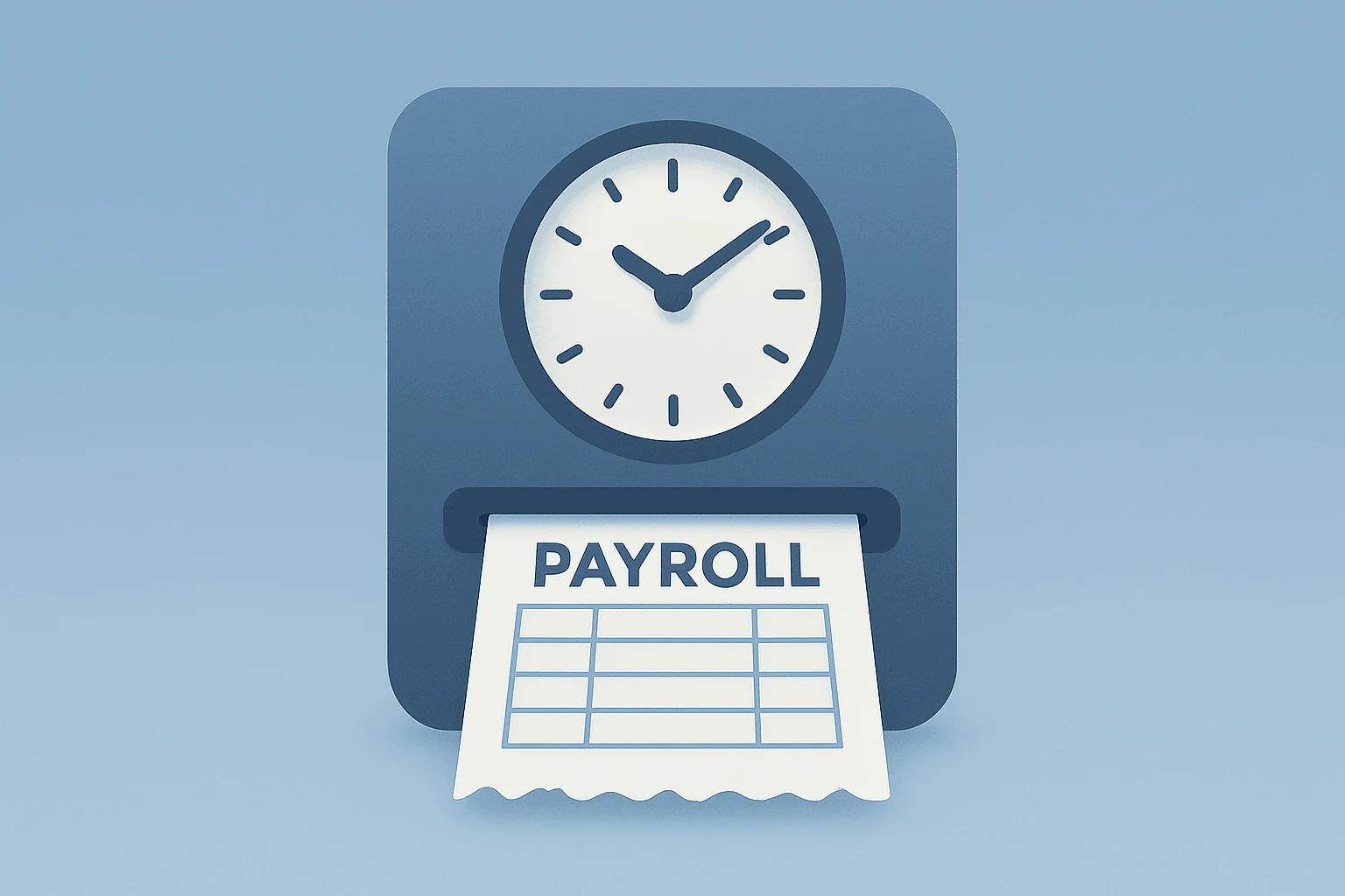Flat filled vector of a dimming timeclock and frayed payroll ledger to represent the July jobs report and cooling labor.