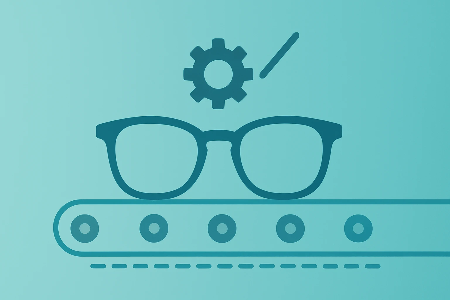 Flat vector of a stylized eyeglass frame stalled on a halted assembly line to symbolize Meta delays Ray-Ban glasses launch.