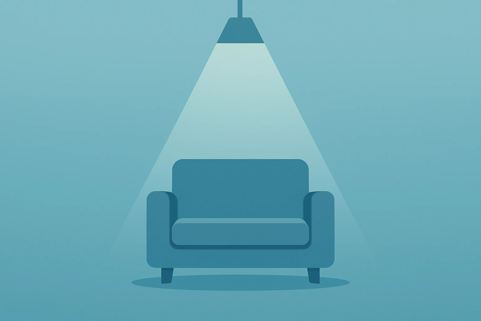 Flat vector of a showroom sofa under a dimming spotlight evoking Bob's Discount Furniture IPO, debt paydown and Bain control.