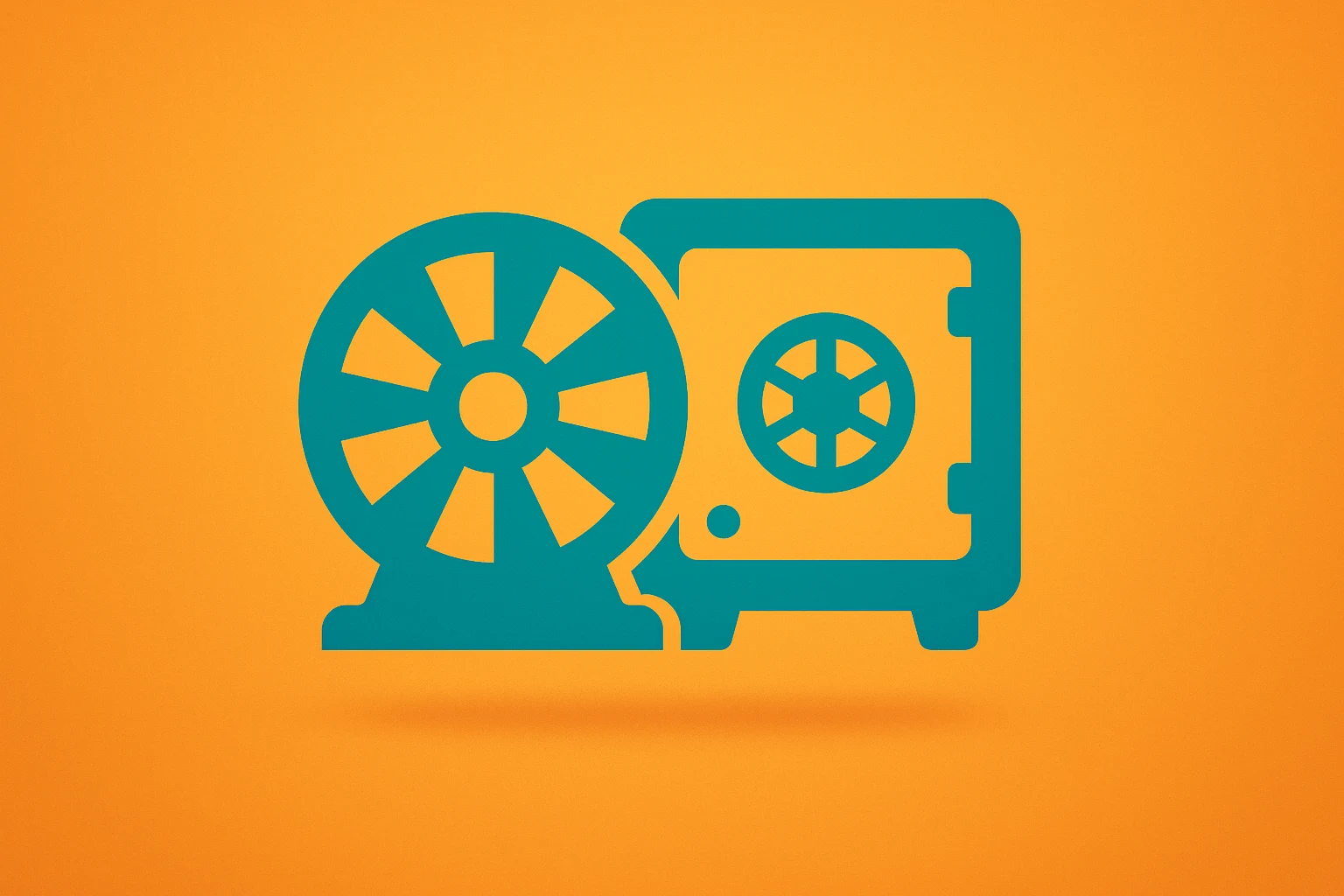 Flat-vector icon of an industrial turbine merged with a vault to symbolize Dow closes above 48,000 and sector rotation.