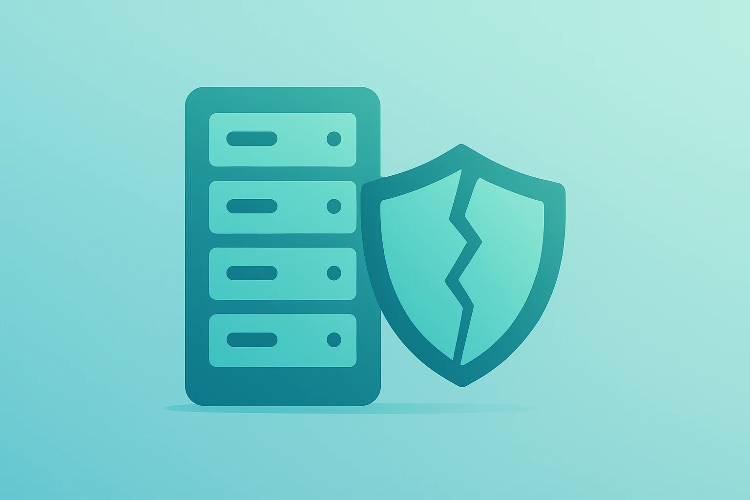 Flat filled vector of a server rack with a fractured shield symbolizing ServiceNow Armis acquisition and market risk.