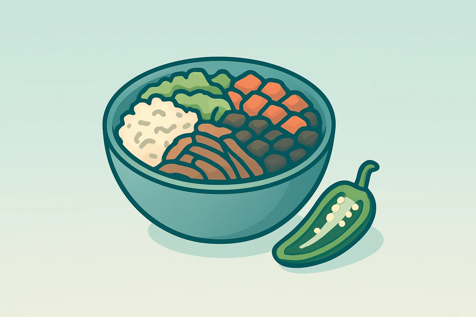 Flat vector of a dimmed burrito bowl with a removed jalapeno beside it, evoking Chipotle stock regulatory risk.