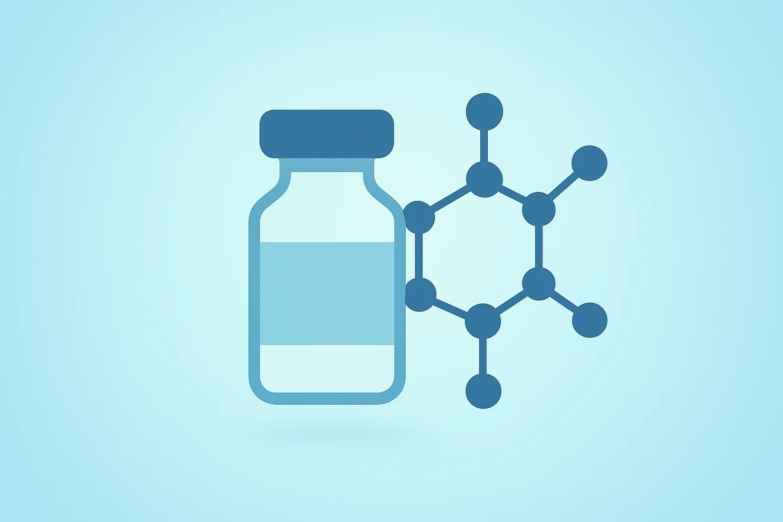 Therapeutic vial merging into a molecular shield symbolizing AstraZeneca tozorakimab clinical win on light slate-ice gradient