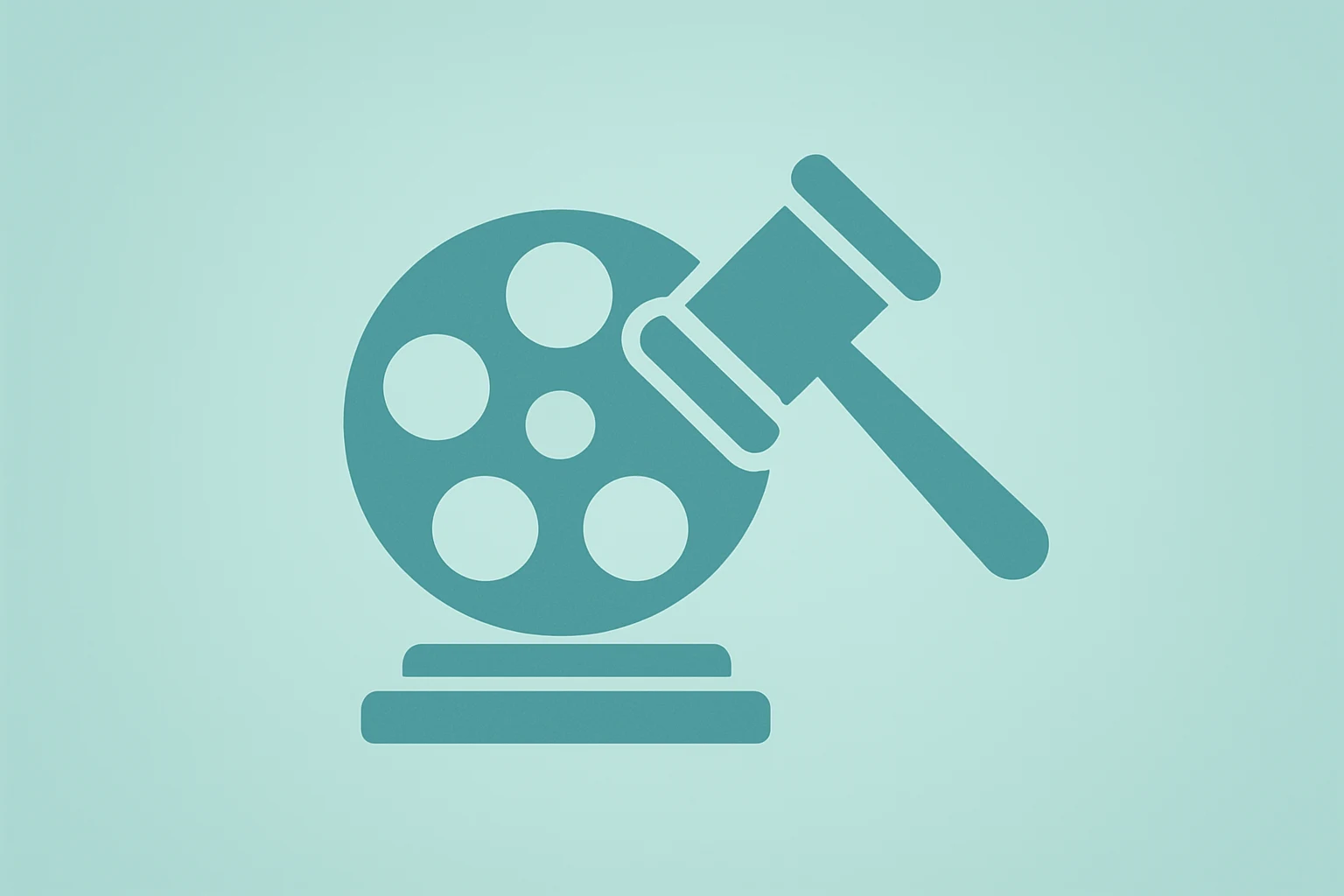 Flat vector film reel fused with a courthouse gavel, symbolizing Netflix Warner Bros acquisition antitrust risk.
