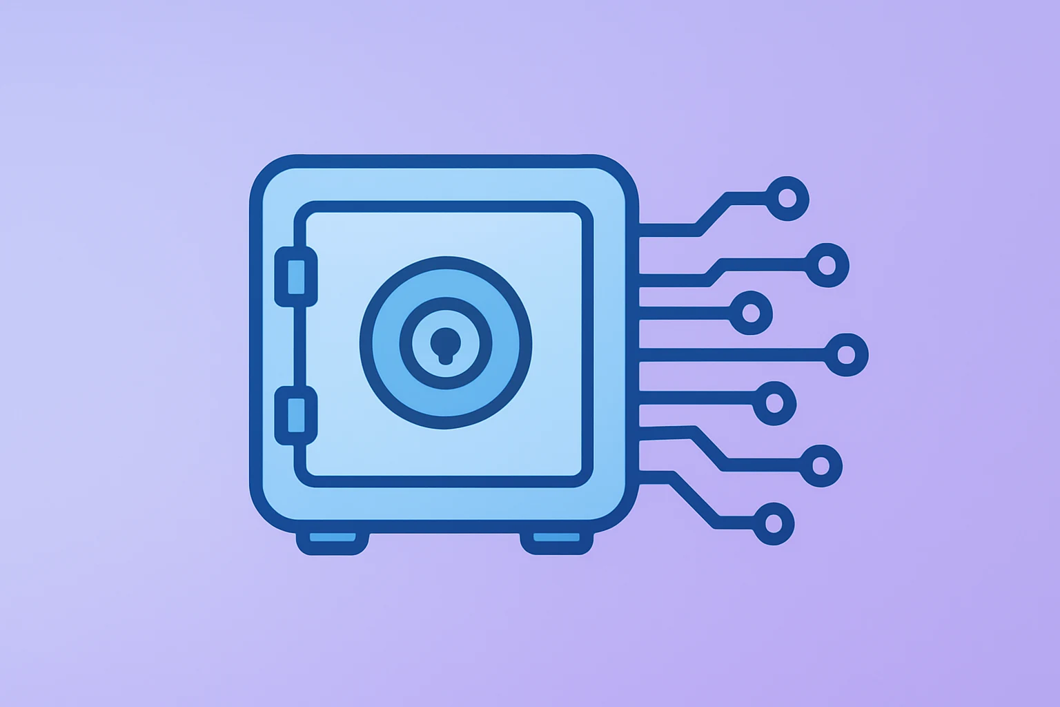 Flat filled vector of a secure data vault with circuit lines symbolizing Palantir stock re-rating after Q4 results.