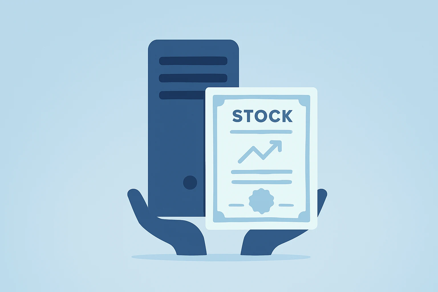 Flat-vector server merging with a stock certificate icon to symbolize Meta Executive Stock Awards and retention pay.