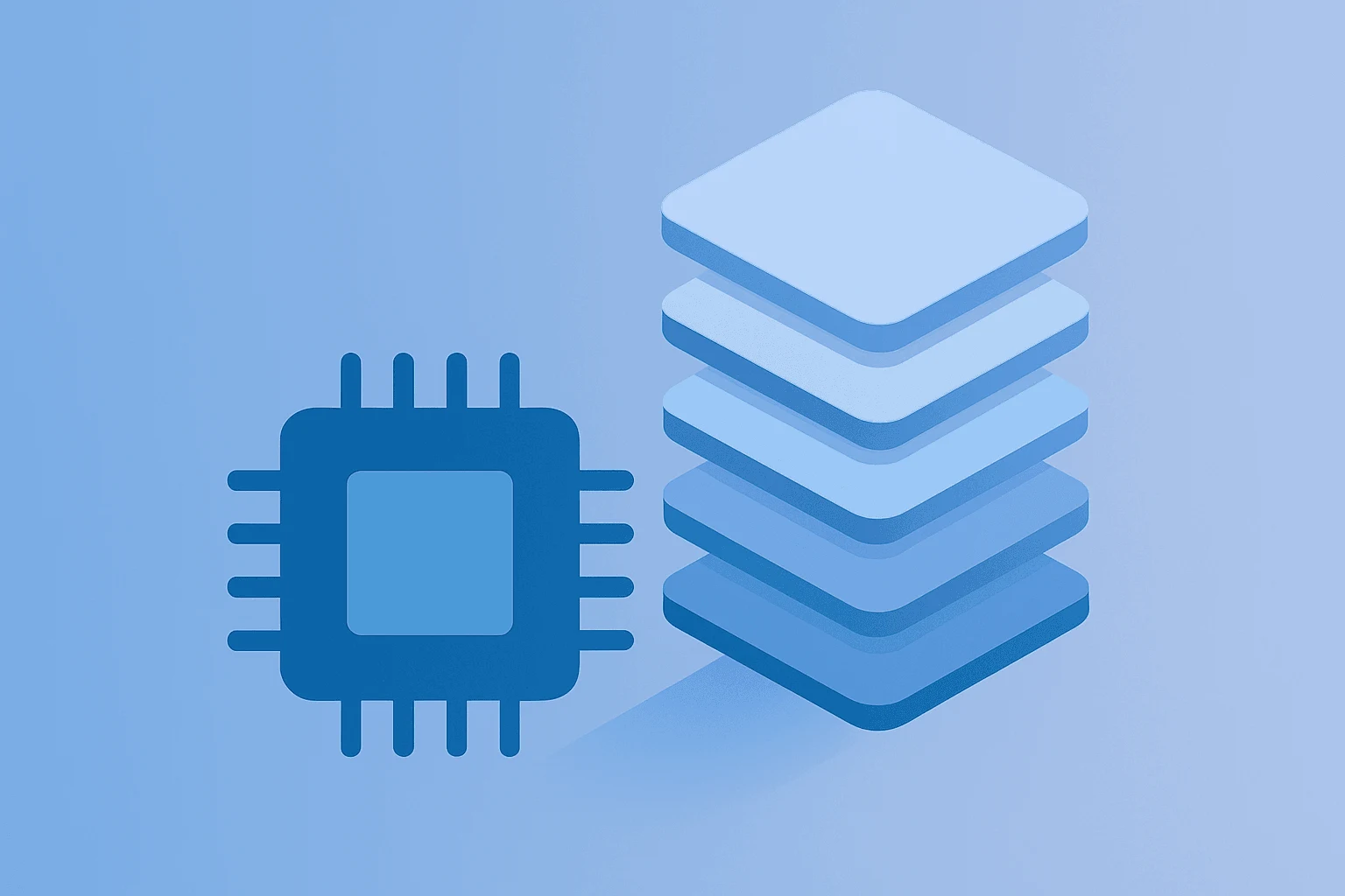 Flat filled vector of a chip cluster expanding into stacked model tiles symbolizing Anthropic valuation and IPO plans.