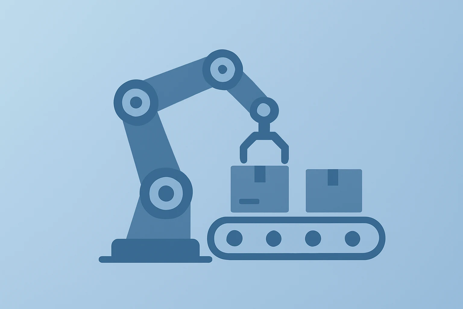 Flat vector of a warehouse robot arm merging with a conveyor to symbolize Nike layoffs and supply chain automation.