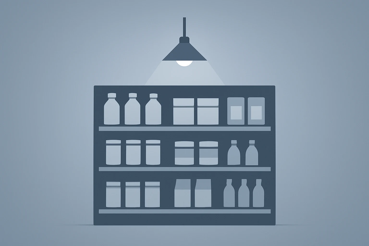 Flat vector of a dimmed retail shelf and work boots symbolizing weaker spending and cooling jobs from the Fed Beige Book